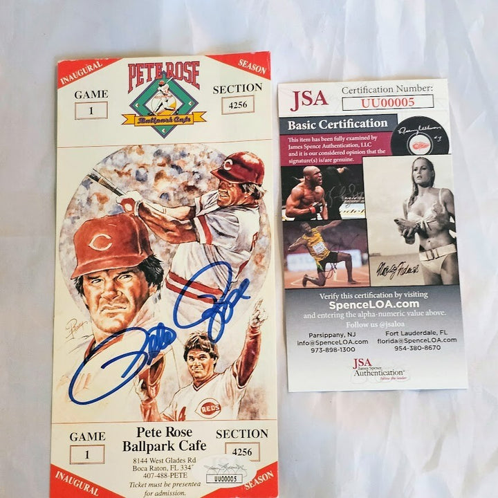 PETE ROSE AUTOGRAPHED SIGNED BALLPARK CAFE TICKET INAUGURAL SEASON REDS JSA COA