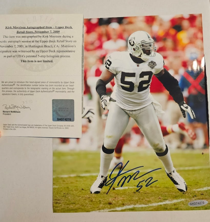 Kirk Morrison Signed picture Photo Autographed Oakland Raiders 52 Upper Deck COA