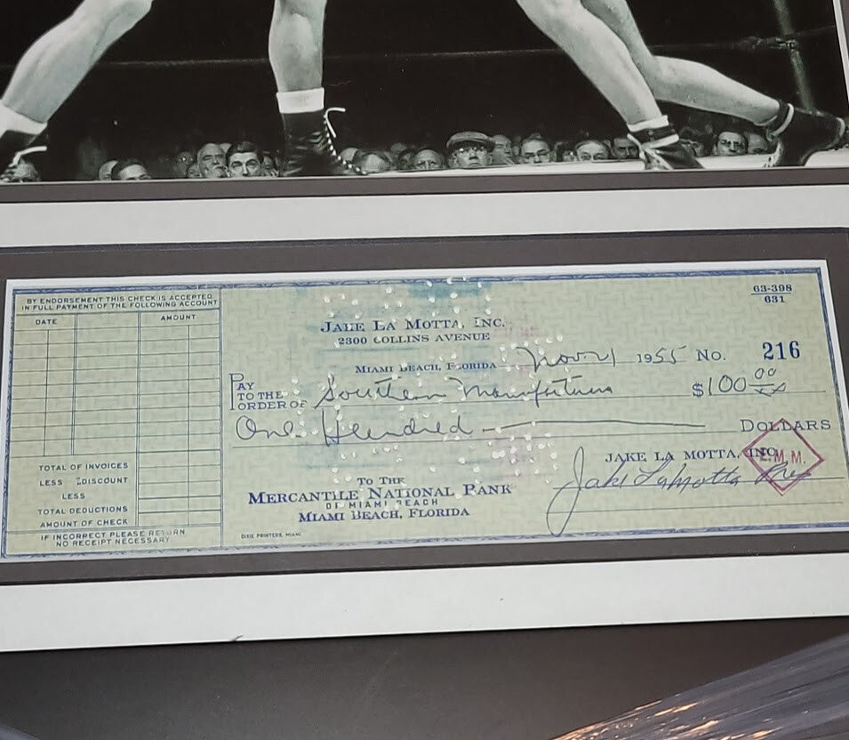 Jake La Matta Signed Autographed cancelled check 1955 UNIQUE Custom Framed JSA