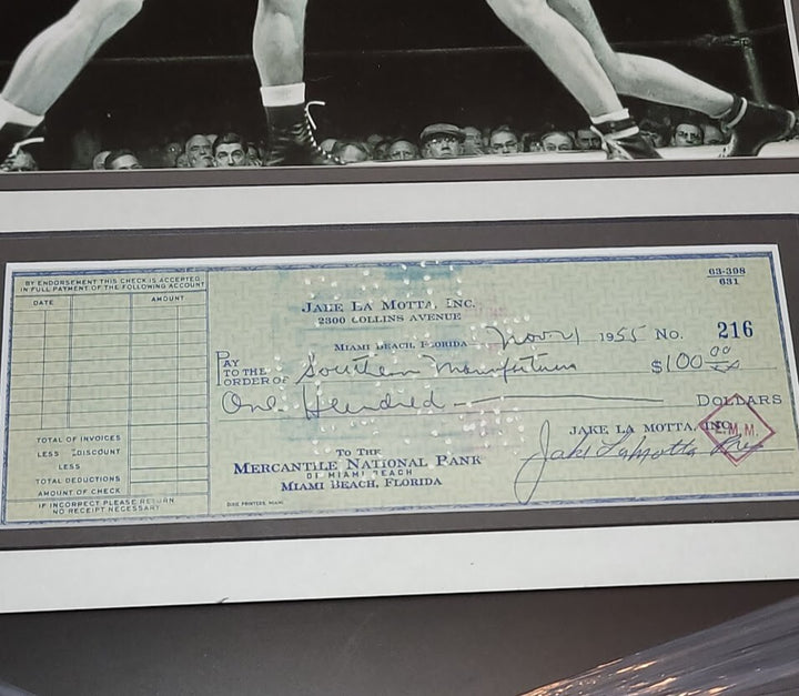 Jake La Matta Signed Autographed cancelled check 1955 UNIQUE Custom Framed JSA