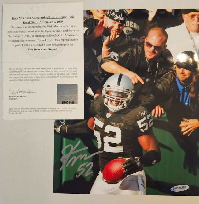 Kirk Morrison  Signed picture Photo Autographed  Oakland Raiders Upper Deck COA