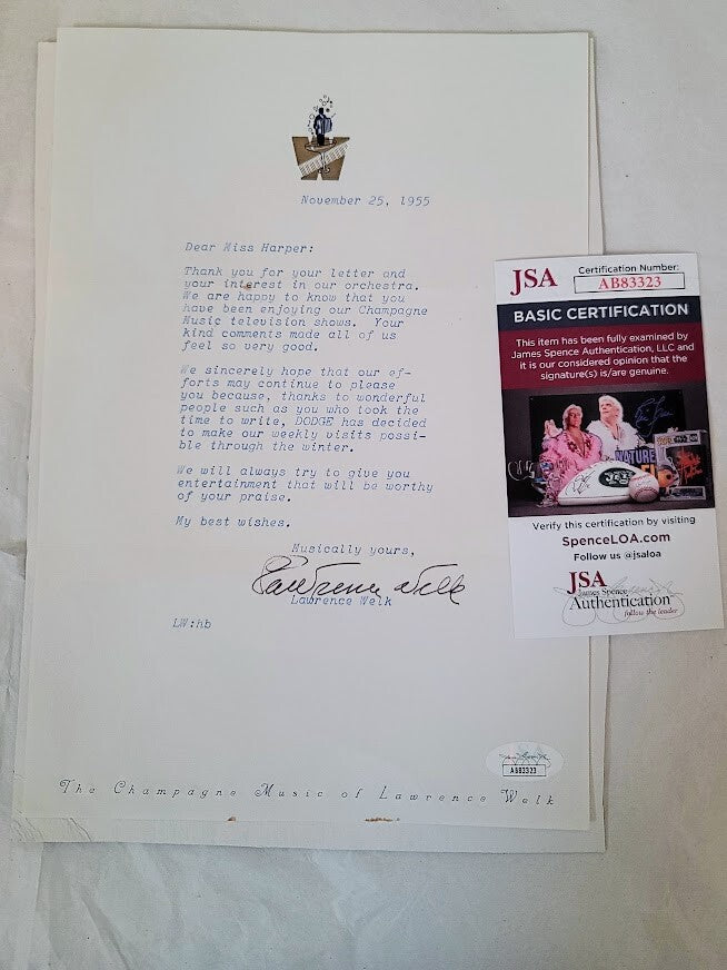 Lawrence Welk Hand signed letter JSA Certified Authentic